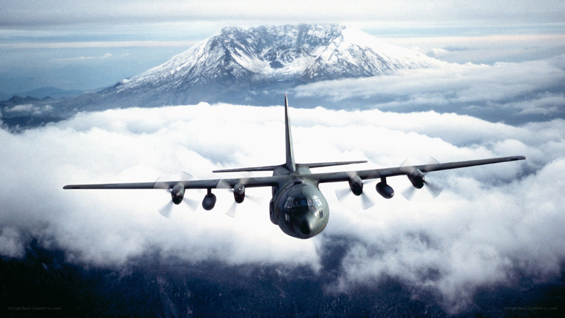 C-130 Hercules over a volcano