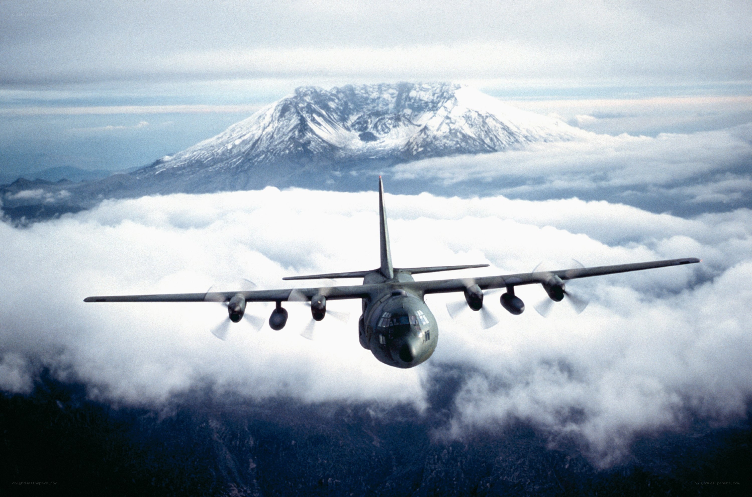 C-130 Hercules over a volcano