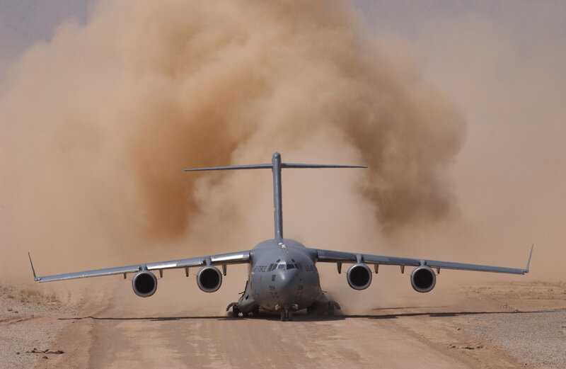 C-17 Globemaster III on dusty runway