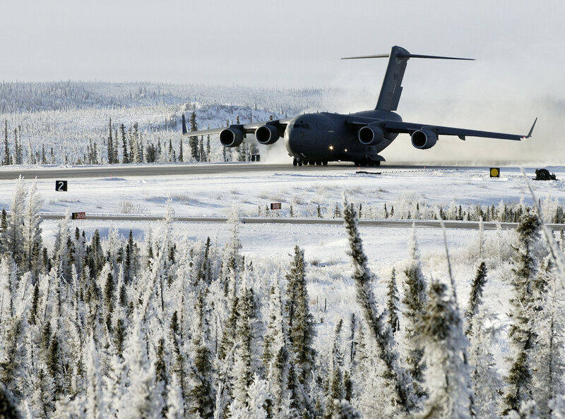 C-17 Globemaster III on snowy runway
