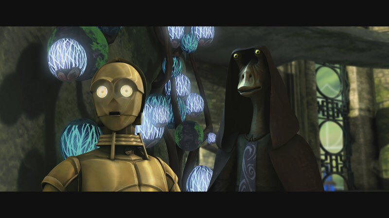 C-3PO and Jar Jar Binks in a cave