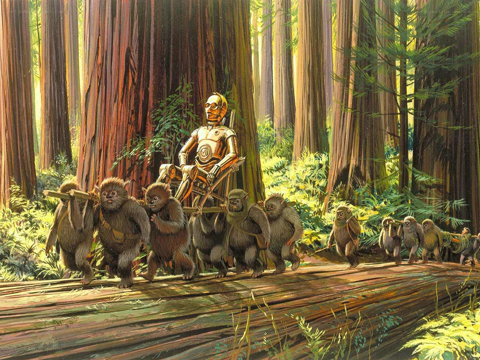 C-3PO carried by Ewoks