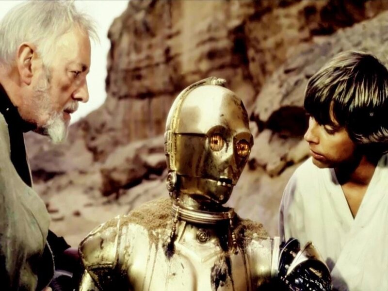C-3PO with Obi-Wan and Luke