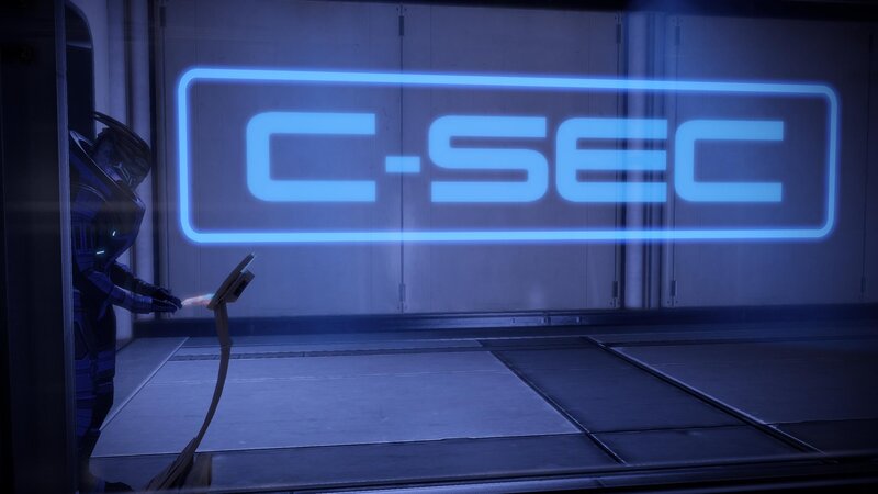 C-SEC sign in a sci-fi corridor