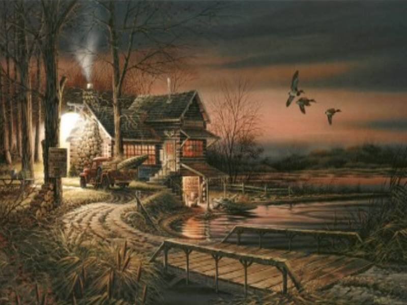 Cabin at dusk with flying ducks