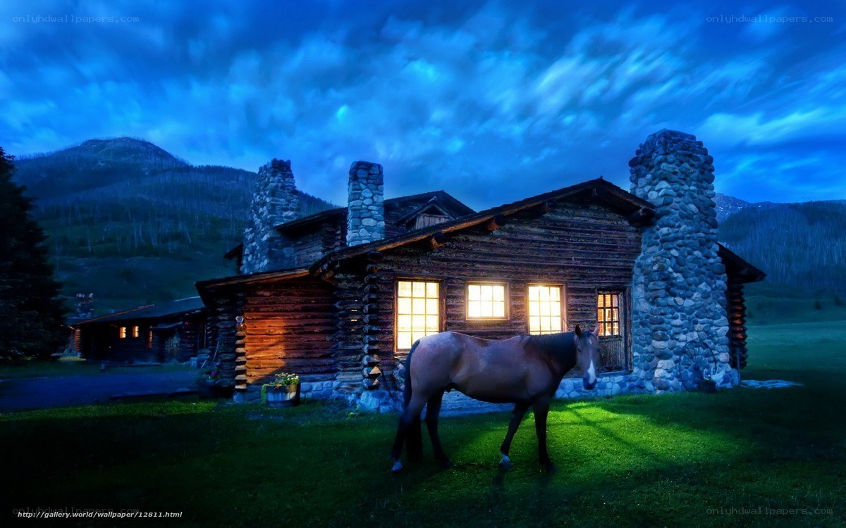 Cabin at dusk with horse