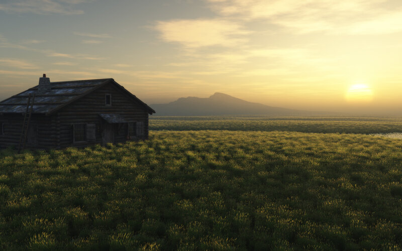 Cabin at sunrise in a field