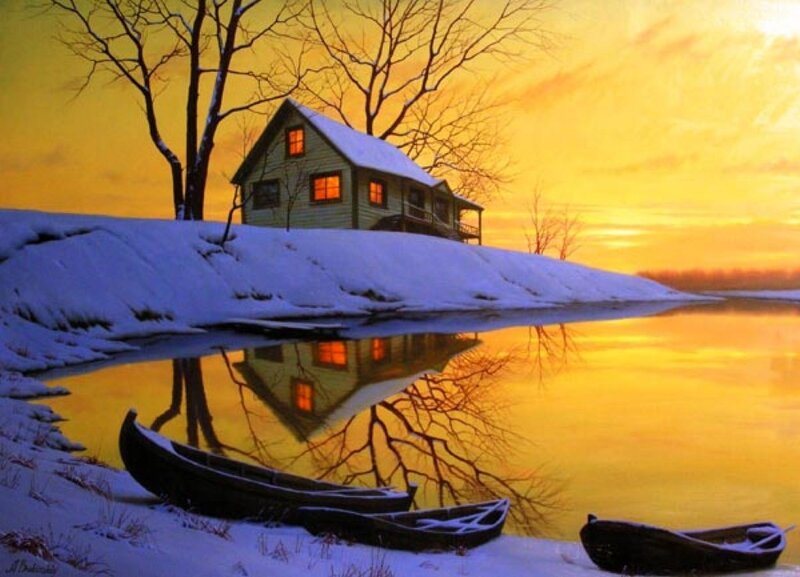 Cabin at sunset by the lake