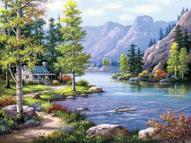 Cabin by a Lake — Blue, Serene, Afternoon