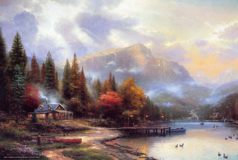 Cabin by a Lake — Blue, Serene, Autumn, Painting, Mountain