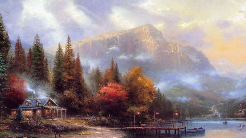 Cabin by a Lake — Blue, Serene, Autumn, Painting