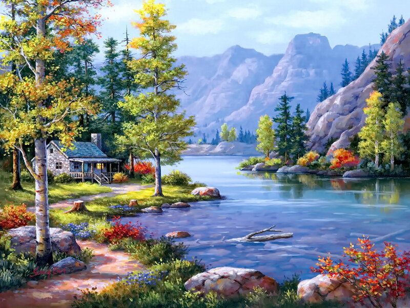 Cabin by a Lake — Blue, Serene, Autumn