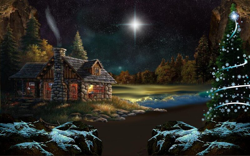 Cabin by a Lake — Blue, Serene, Night, Digital Art