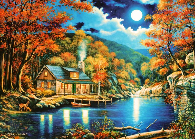 Cabin by a Lake — Blue, Serene, Night, Painting, Deer, Moon, River