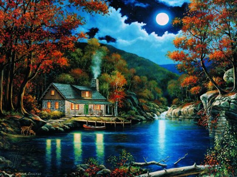 Cabin by a Lake — Blue, Serene, Night, Painting, Deer, Moon