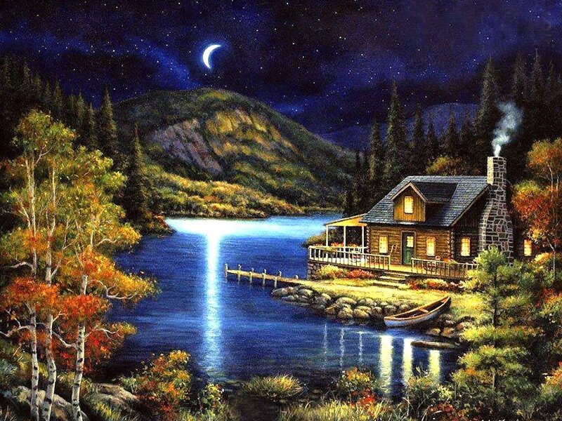 Cabin by a Lake — Blue, Serene, Night, Painting, Moon, Mountain