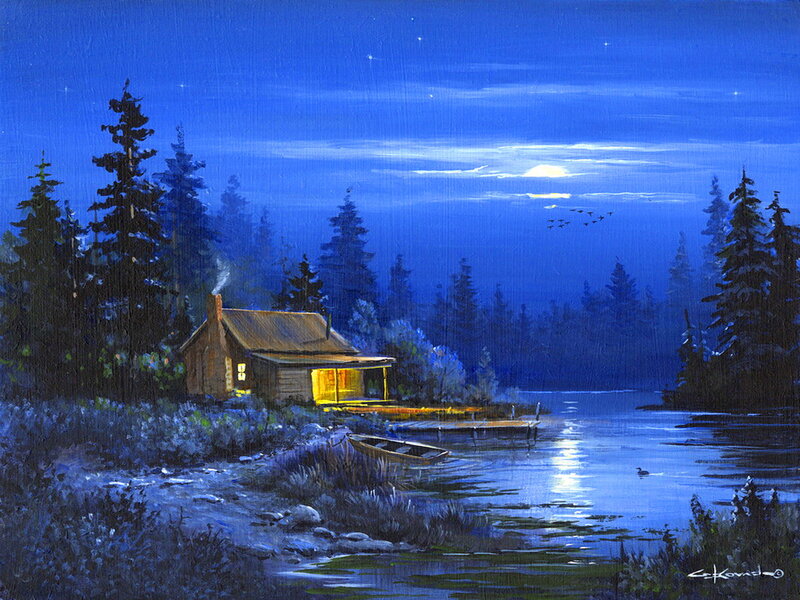 Cabin by a Lake — Blue, Serene, Night, Painting, Moon, Trees, Boat