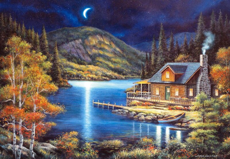Cabin by a Lake — Blue, Serene, Night, Painting, Mountain, Boat