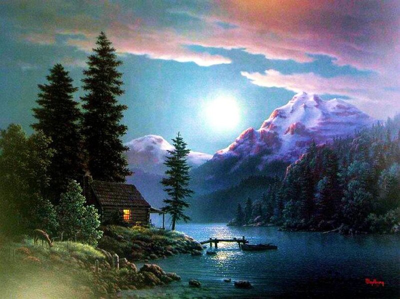 Cabin by a Lake — Blue, Serene, Night, Painting, Mountain, Deer