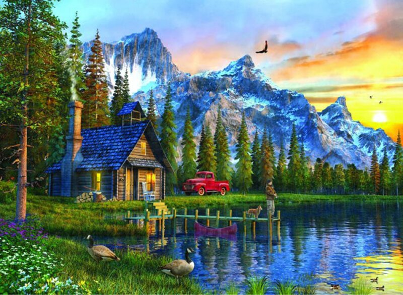 Cabin by a Lake — Blue, Serene, Sunset, Digital Art