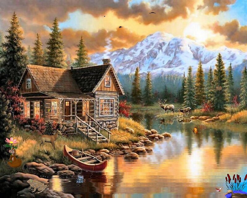 Cabin by a Lake — Blue, Serene, Sunset, Painting