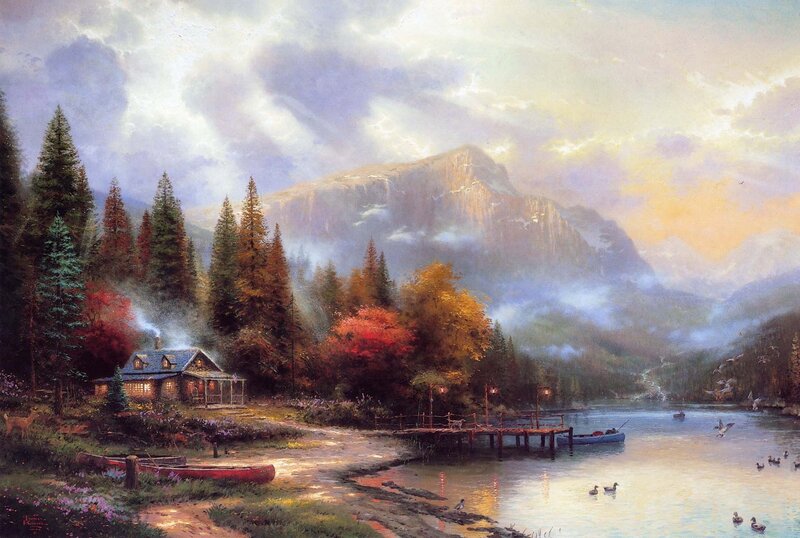 Cabin by a Lake — Blue, Serene, Sunset