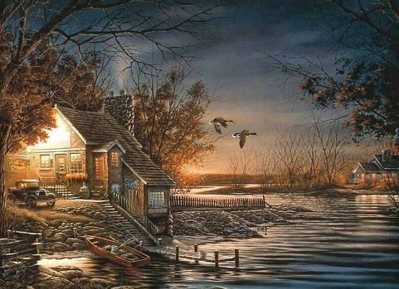 Cabin by a Lake — Brown, Serene, Sunset