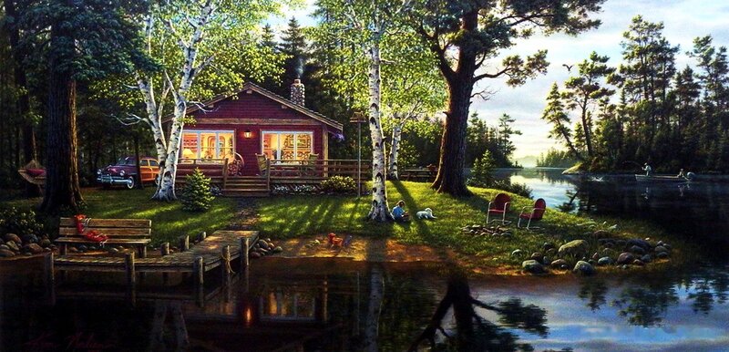 Cabin by a Lake — Green, Serene, Afternoon, Painting