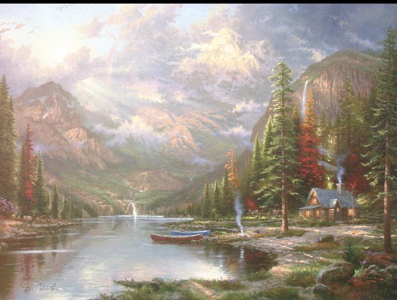 Cabin by a Lake — Green, Serene, Morning, Painting