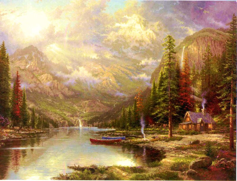 Cabin by a Lake — Green, Serene, Morning