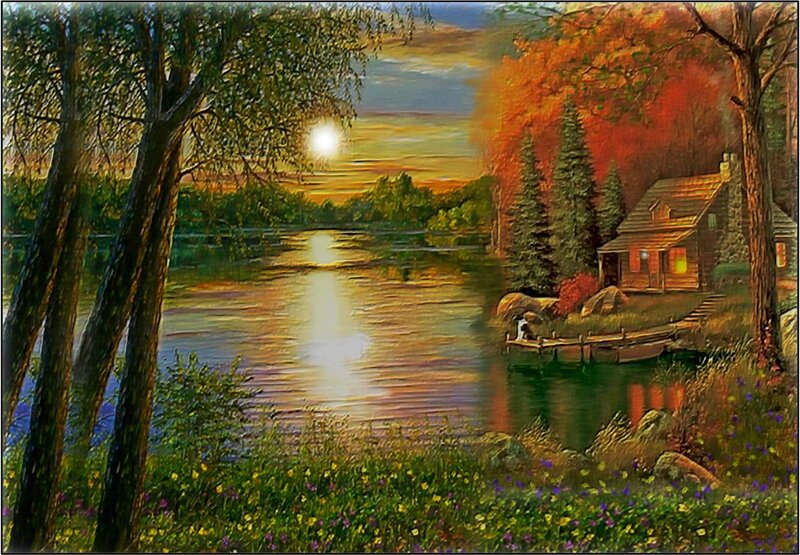 Cabin by a Lake — Green, Serene, Sunset