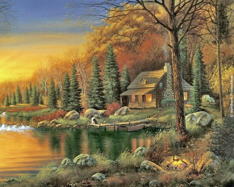 Cabin by a Lake — Orange, Serene, Sunset, Painting, Dog, Boat, Fire Pit