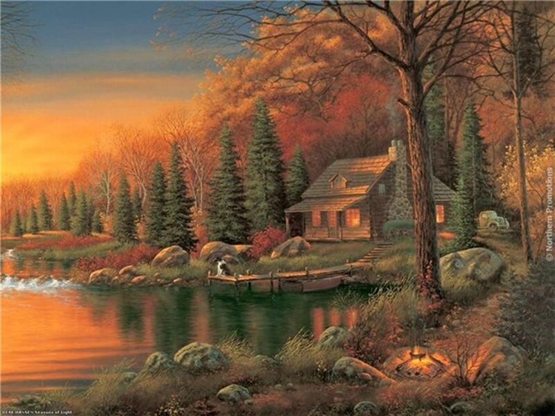 Cabin by a Lake — Orange, Serene, Sunset, Painting, Dog