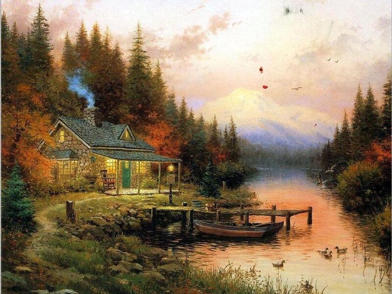 Cabin by a Lake — Orange, Serene, Sunset, Painting