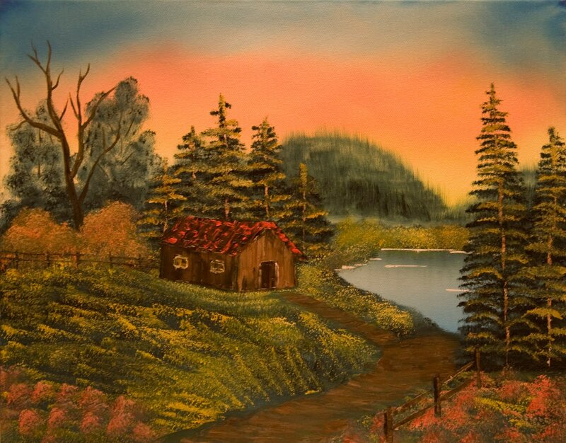 Cabin by a Lake — Orange, Serene, Sunset, Painting, Trees