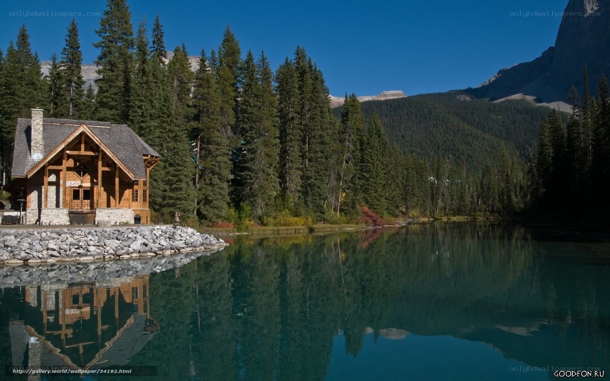 Cabin by a mountain lake