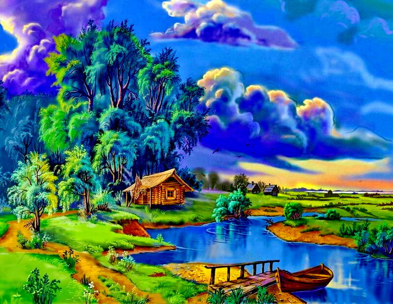 Cabin by a River — Blue, Dramatic