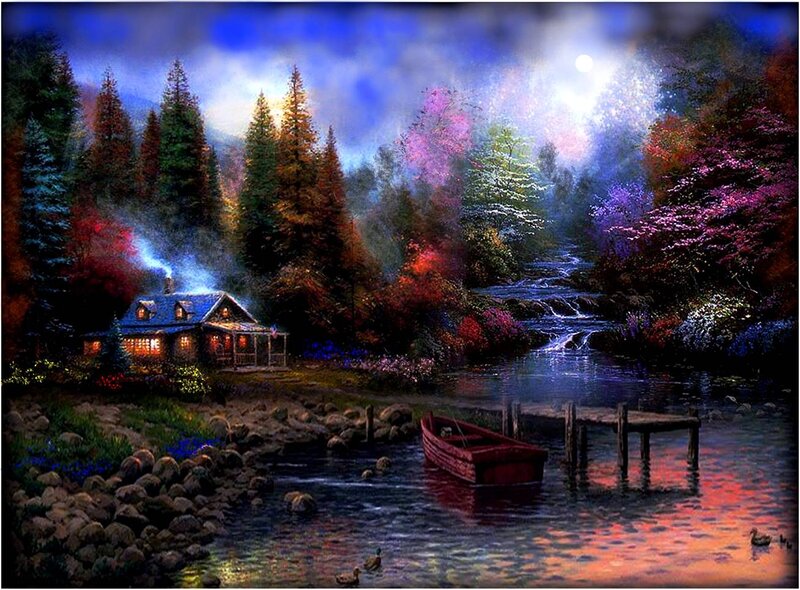 Cabin by a River — Blue, Serene, Night, Painting