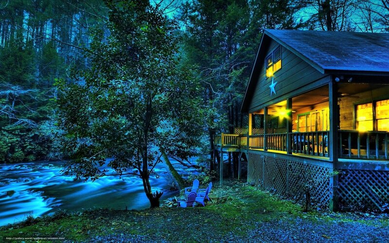Cabin by a River — Blue, Serene, Night, Photograph