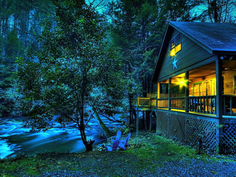 Cabin by a River — Blue, Serene, Night