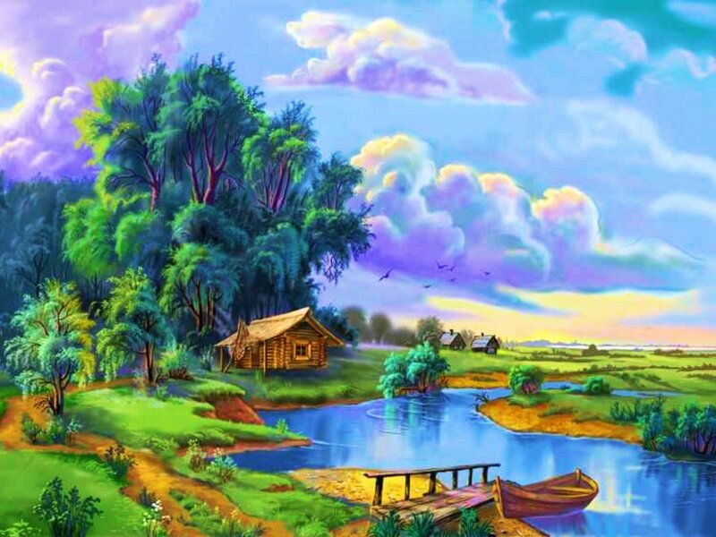 Cabin by a River — Blue, Serene, Sunset, Painting