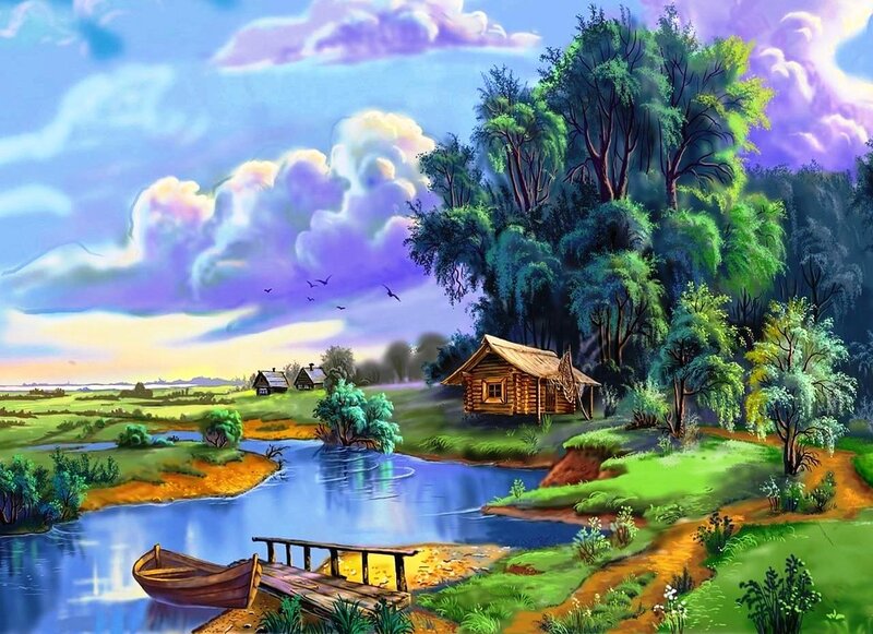 Cabin by a River — Blue, Serene, Sunset