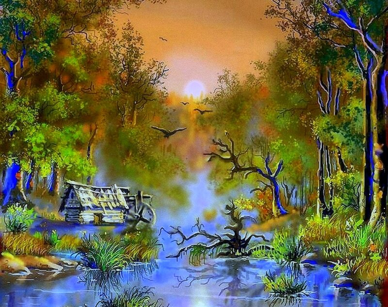Cabin by a River — Green, Serene