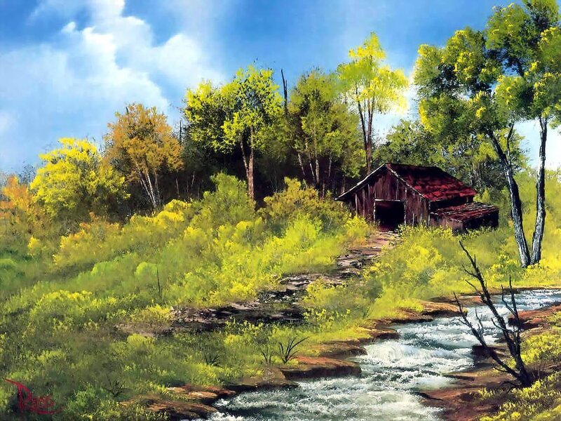 Cabin by a Stream — Green, Serene, Afternoon, Painting