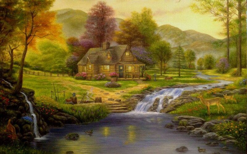 Cabin by a Stream — Green, Serene, Afternoon