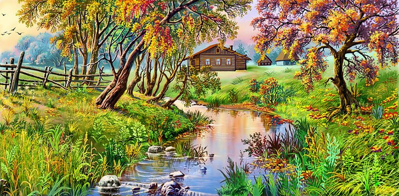 Cabin by a Stream — Green, Serene, Autumn