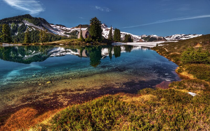 Cabin by Alpine Lake — Blue, Serene