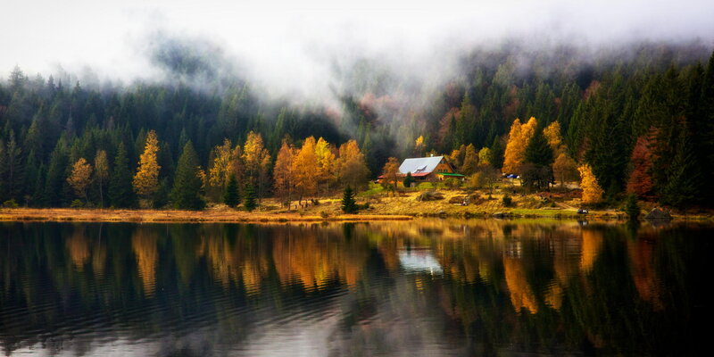 Cabin by Autumn Lake — Green, Serene