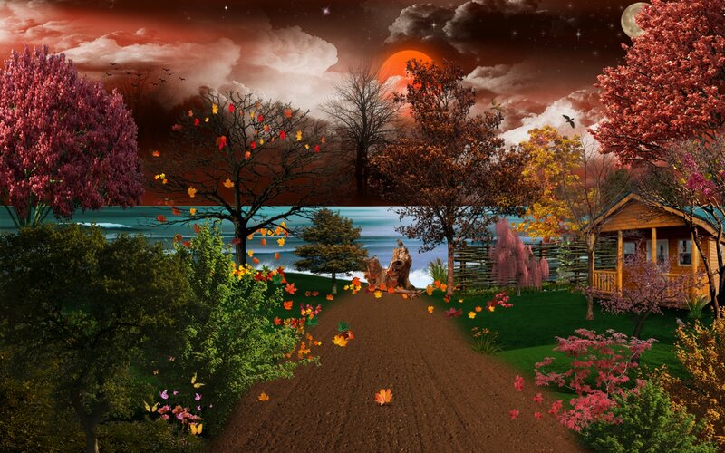 Cabin by Autumn Lake — Red, Dramatic