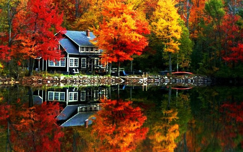Cabin by Autumn Lake — Red, Serene, Photograph, Trees, Reflection